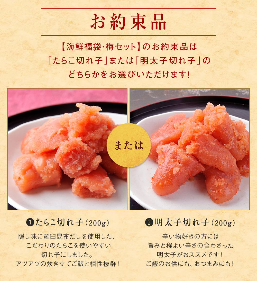 北海道海鮮福袋 梅セット 全5品3,980円！【たらこ(切れ子)200ｇまたは明太子(切れ子)200g＋他4品】
