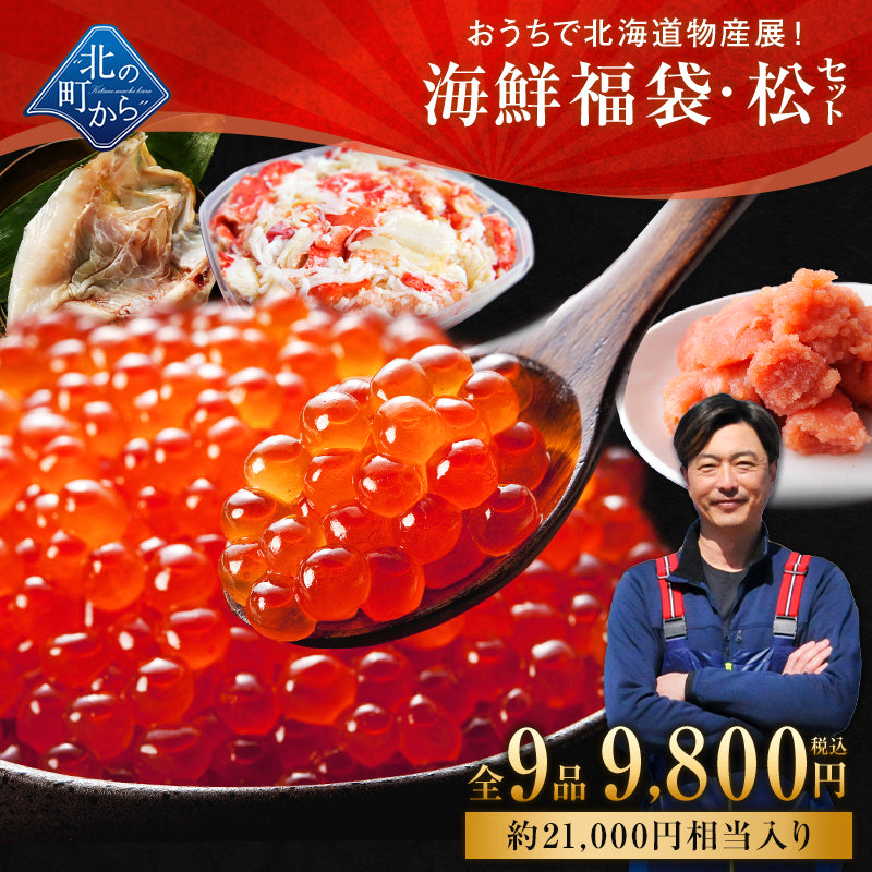 北海道 海鮮福袋 松セット 全9品9,800円！【 いくら醤油漬け(200g)、ズワイガニむき身(200g)、明太子(切れ子)150g、たらこ(切れ子)150g＋他5品】海鮮 食品 詰め合わせ セット 魚 冷凍 おつまみ 送料無料