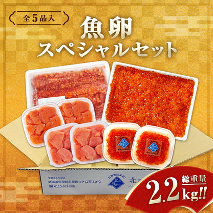 魚卵スペシャルセット 全5種 総重量2.2kg 鮭いくら醤油漬け400g/鮭筋子塩漬け500g/鮭いくら塩漬け500g/たらこ切れ子400g/明太子切れ子400g 北海道 知床・羅臼産