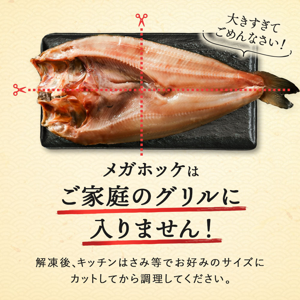北海道 知床・羅臼産 メガホッケ 一夜干し 3枚入 （1枚あたり700g〜1.2kg）総重量2.5kg前後  ほっけ ホッケ 真ほっけ 羅臼ホッケ 干物 魚 開き 手造り お取り寄せ グルメ バーベキュー BBQ  国産 特大 超特大 メガサイズ